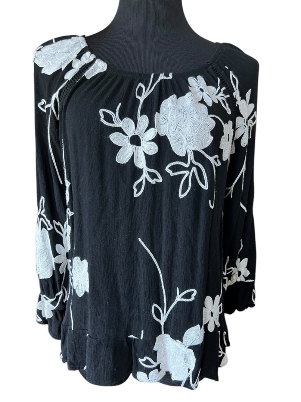 INC International Concepts Black Embroidered Floral Peasant Blouse XL Boho Top
